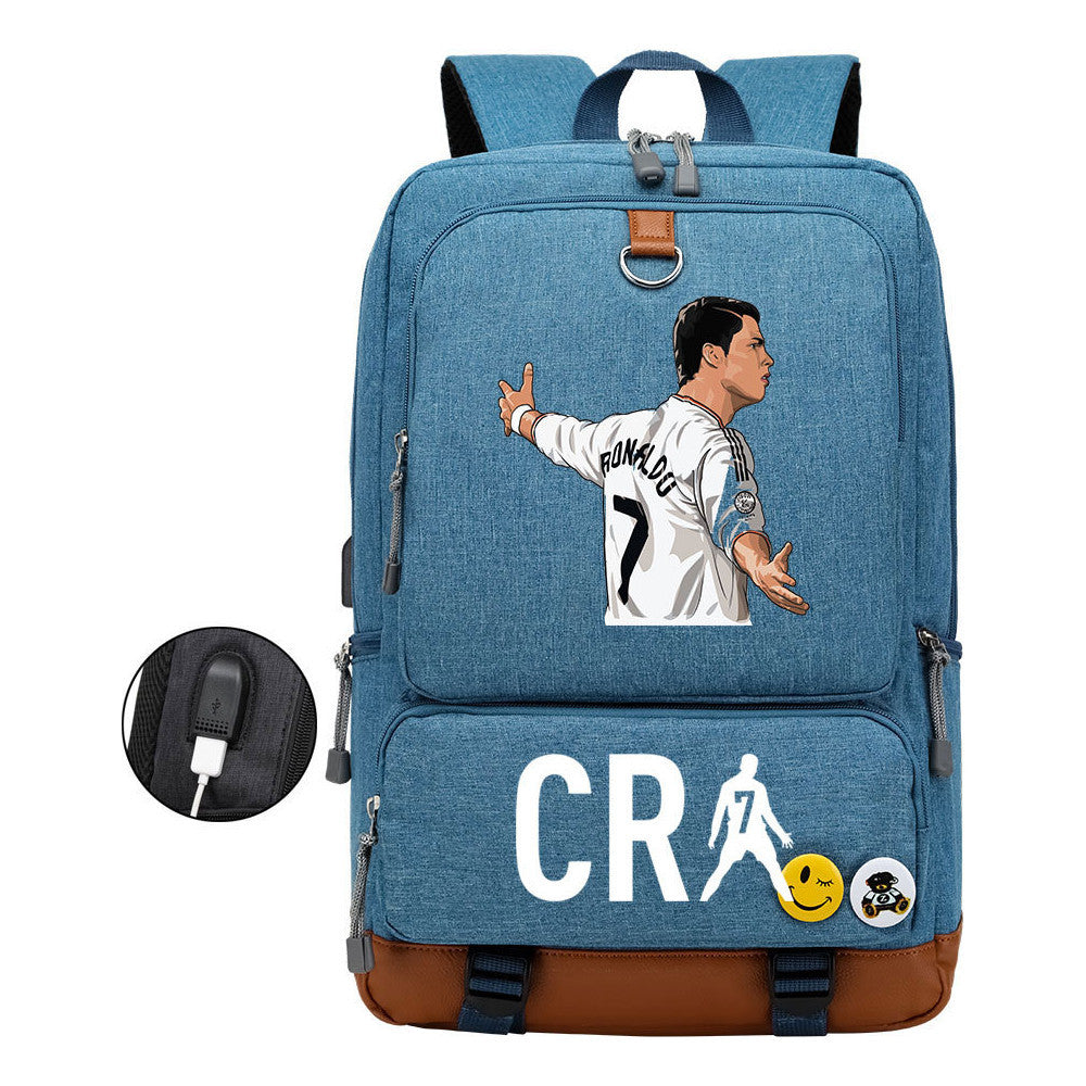 Football Star Cristiano Ronaldo Printed Usb Youth Student Backpack For Leisure Travel Backpack