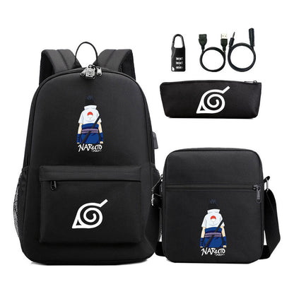 Naruto Usb Password Lock Youth Student Backpack Three Piece Set For Men And Women Backpack Set