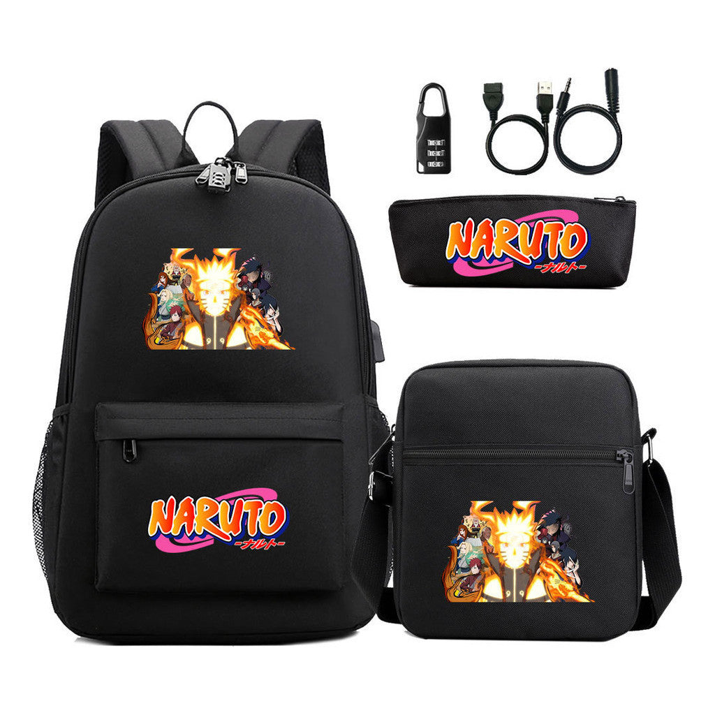 Naruto Usb Password Lock Youth Student Backpack Three Piece Set For Men And Women Backpacks