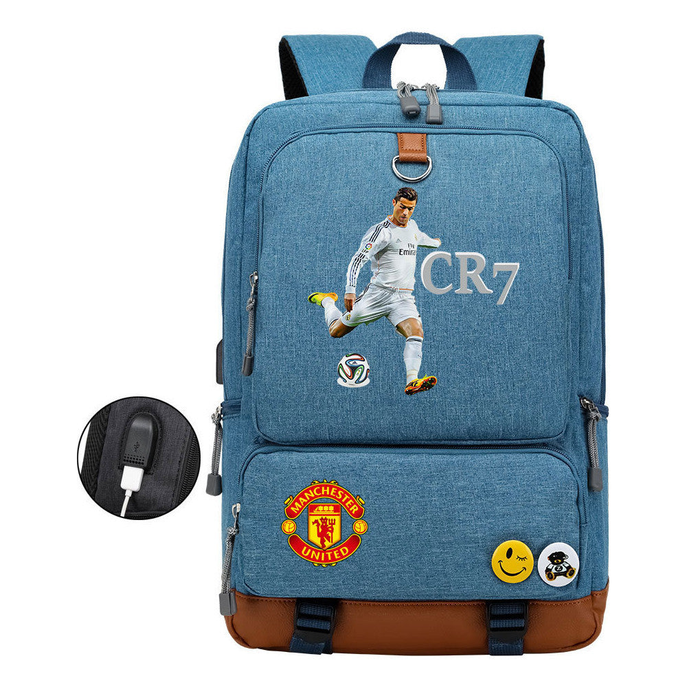 Football Star Cristiano Ronaldo Printed Usb Youth Student Backpack For Boys And Girls Leisure Travel Backpack