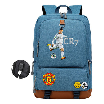 Football Star Cristiano Ronaldo Printed Usb Youth Student Backpack For Boys And Girls Leisure Travel Backpack