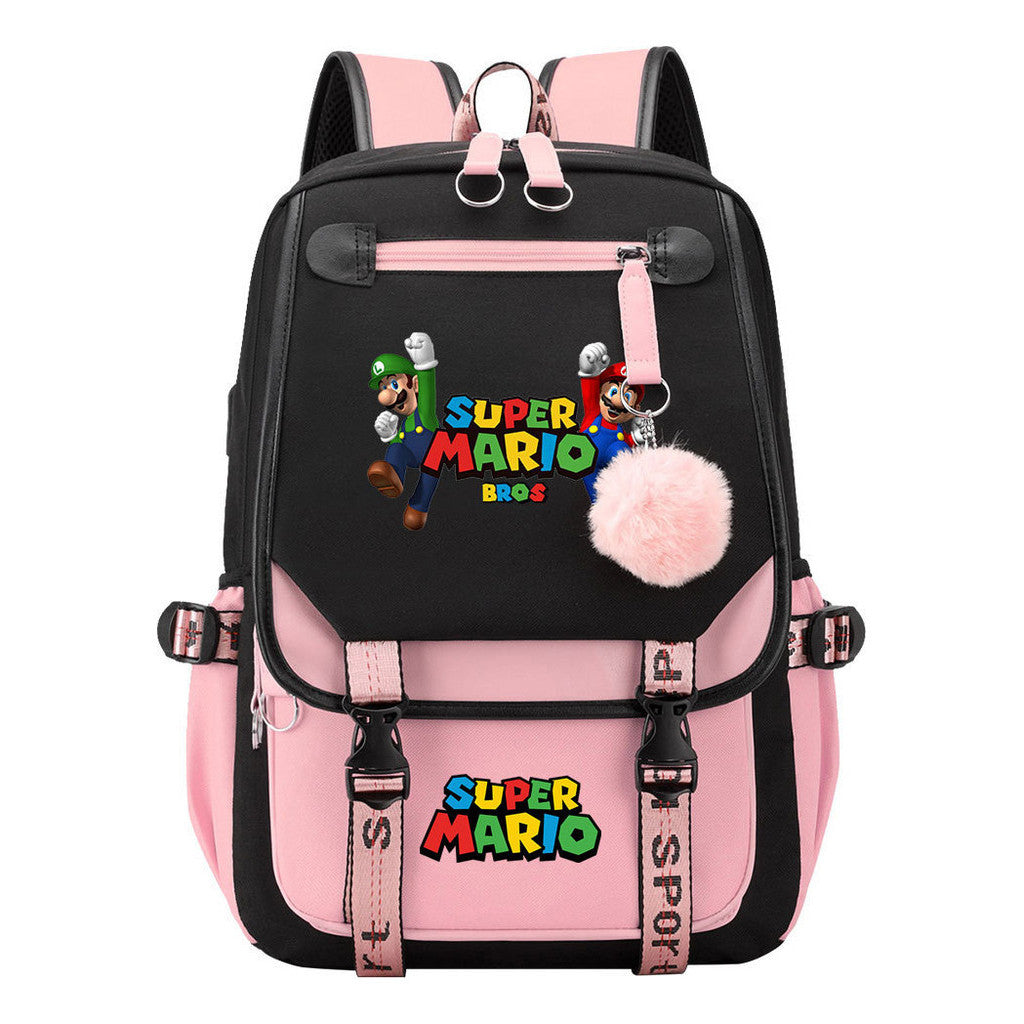 Super Mario Printed Usb Youth Student Backpack For Men And Women With Casual Woven Strap Flap Backpack