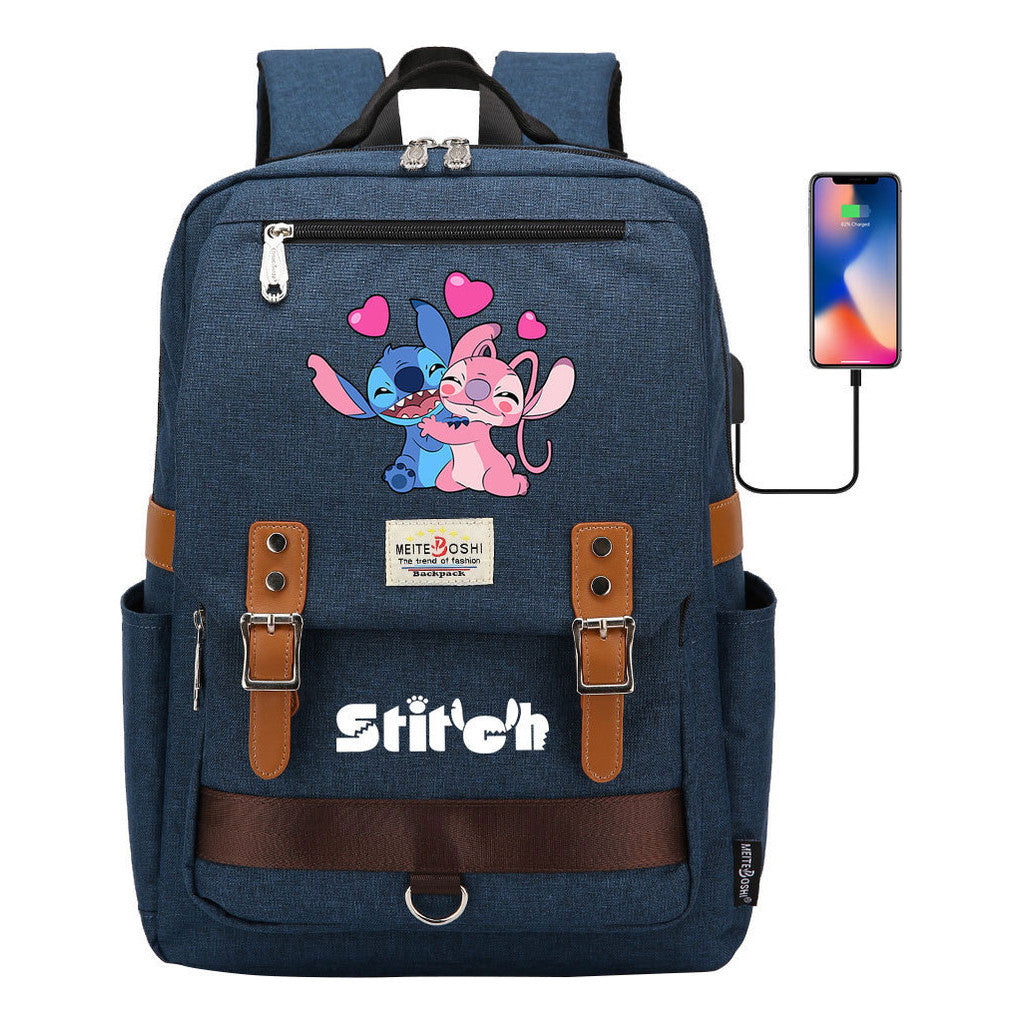 Anime Star Baby Stitch Printed Student Backpack For Men And Women With Casual Magnetic Buckle Backpack
