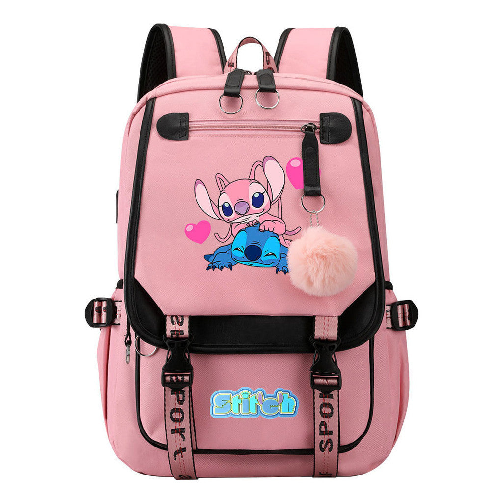 Interstellar Baby Stitch Usb Student Backpack With Casual Woven Strap Flap Backpack