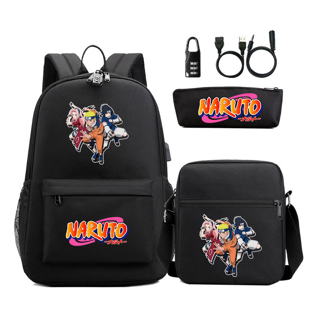 Naruto Usb Password Lock Youth Student Backpack Three Piece Set For Men And Women Backpacks