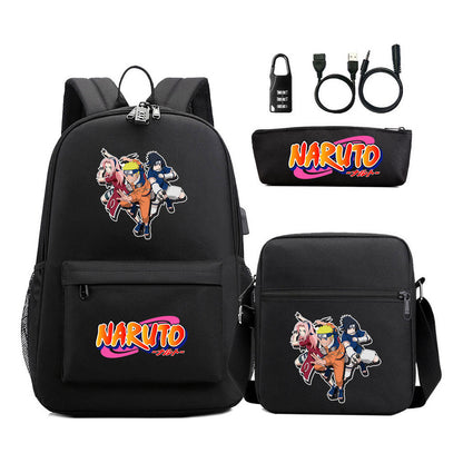 Naruto Usb Password Lock Youth Student Backpack Three Piece Set For Men And Women Backpacks