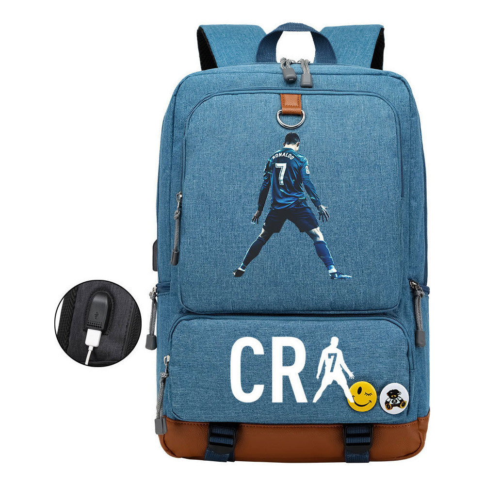 Football Star Cristiano Ronaldo Printed Usb Youth Primary And Secondary School Backpack For Boy And Girl's Leisure Travel Backpack