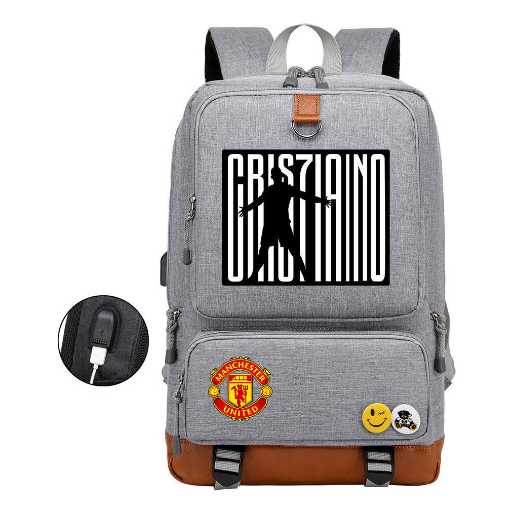 Football Star Cristiano Ronaldo Printed Usb Youth Backpack For Leisure Travel Backpack