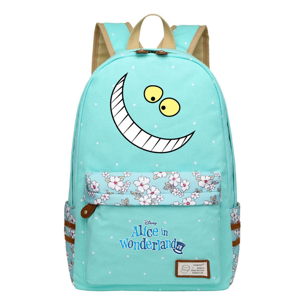 Anime Cartoon Cheshire Cat Print Youth Student Backpack With Floral Casual Backpack