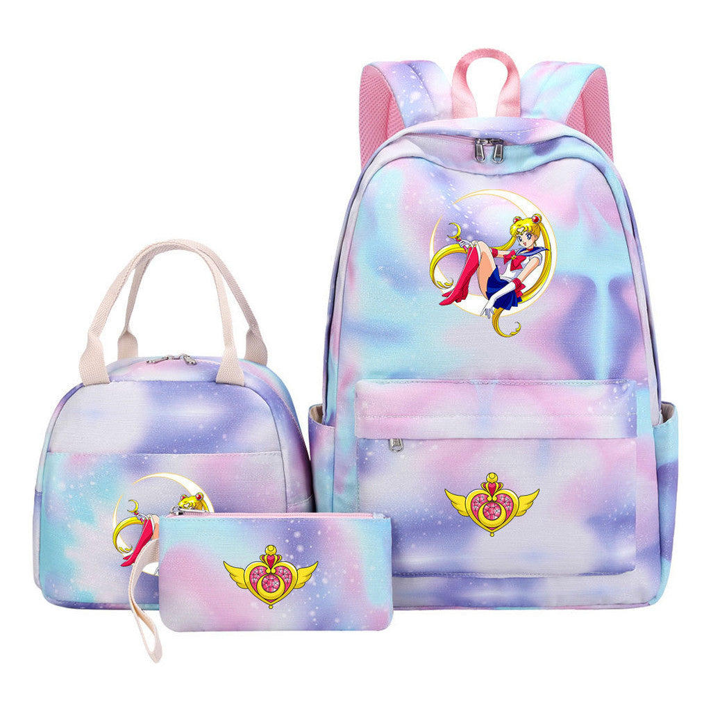 Anime Beauty Girl Warrior Girls School Bag Lunch Bag Three Piece Set Backpack Set