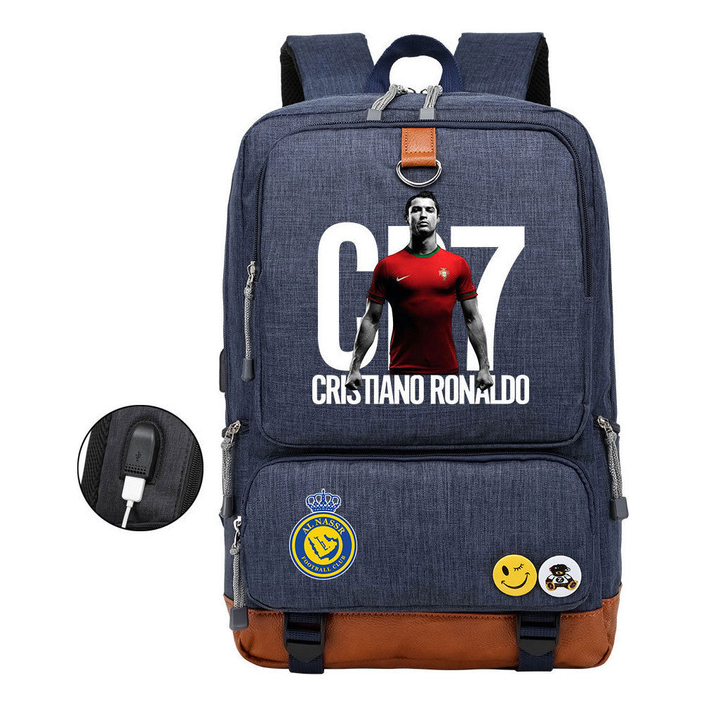 Football Star Cristiano Ronaldo Printed Usb Youth Student Backpack For Leisure Travel Backpack