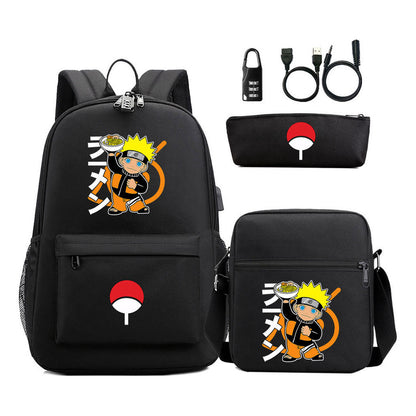 Naruto Usb Password Lock Youth Student Backpack Three Piece Set Backpack Set