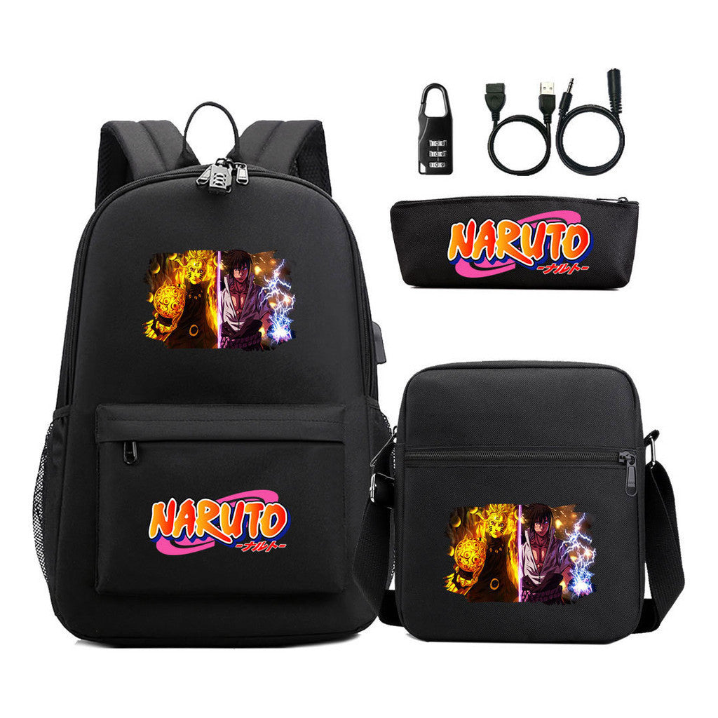 Naruto Usb Password Lock Youth Student Backpack Three Piece Set For Men And Women Backpacks