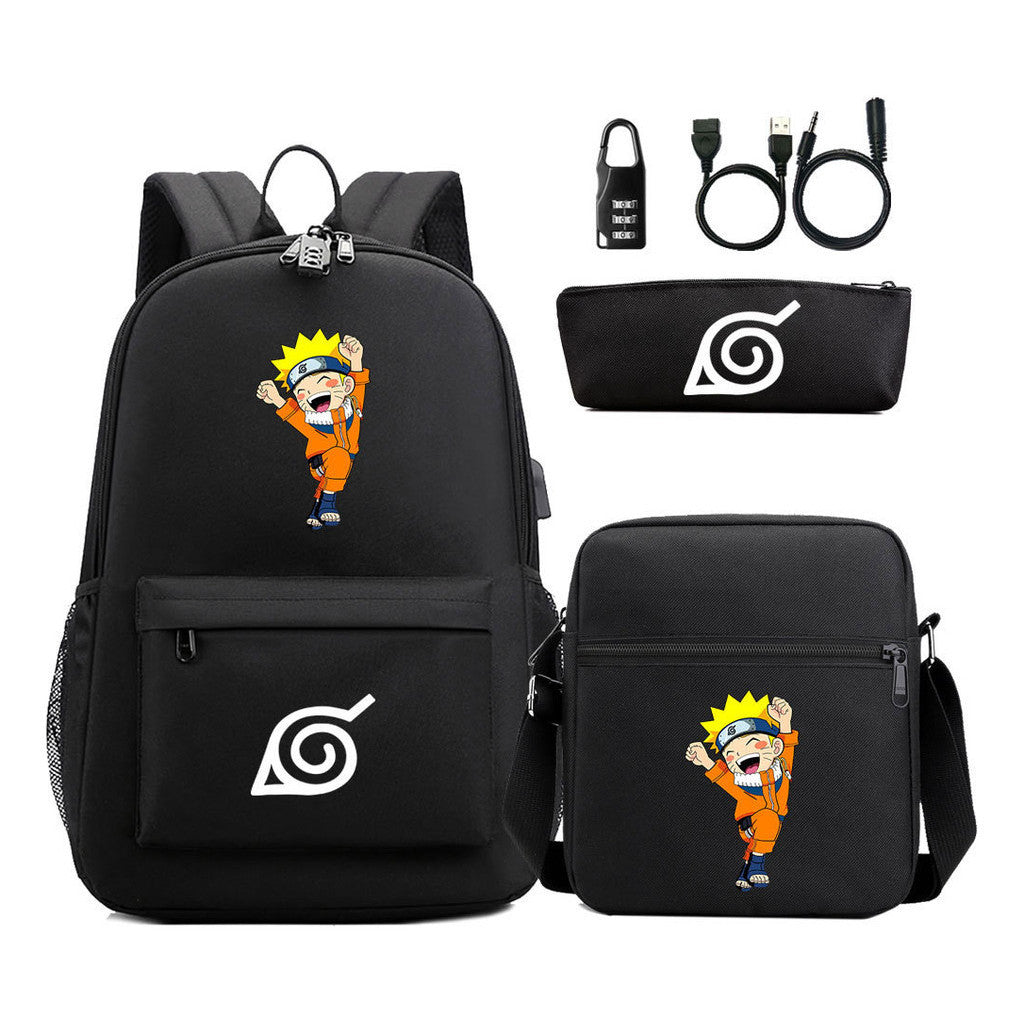 Fashionable Naruto Usb Password Lock Youth Student School Bag Three Piece Backpack Set