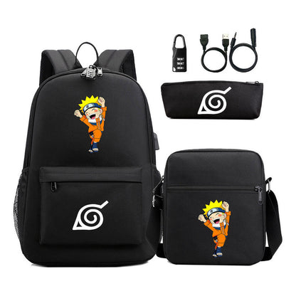 Fashionable Naruto Usb Password Lock Youth Student School Bag Three Piece Backpack Set