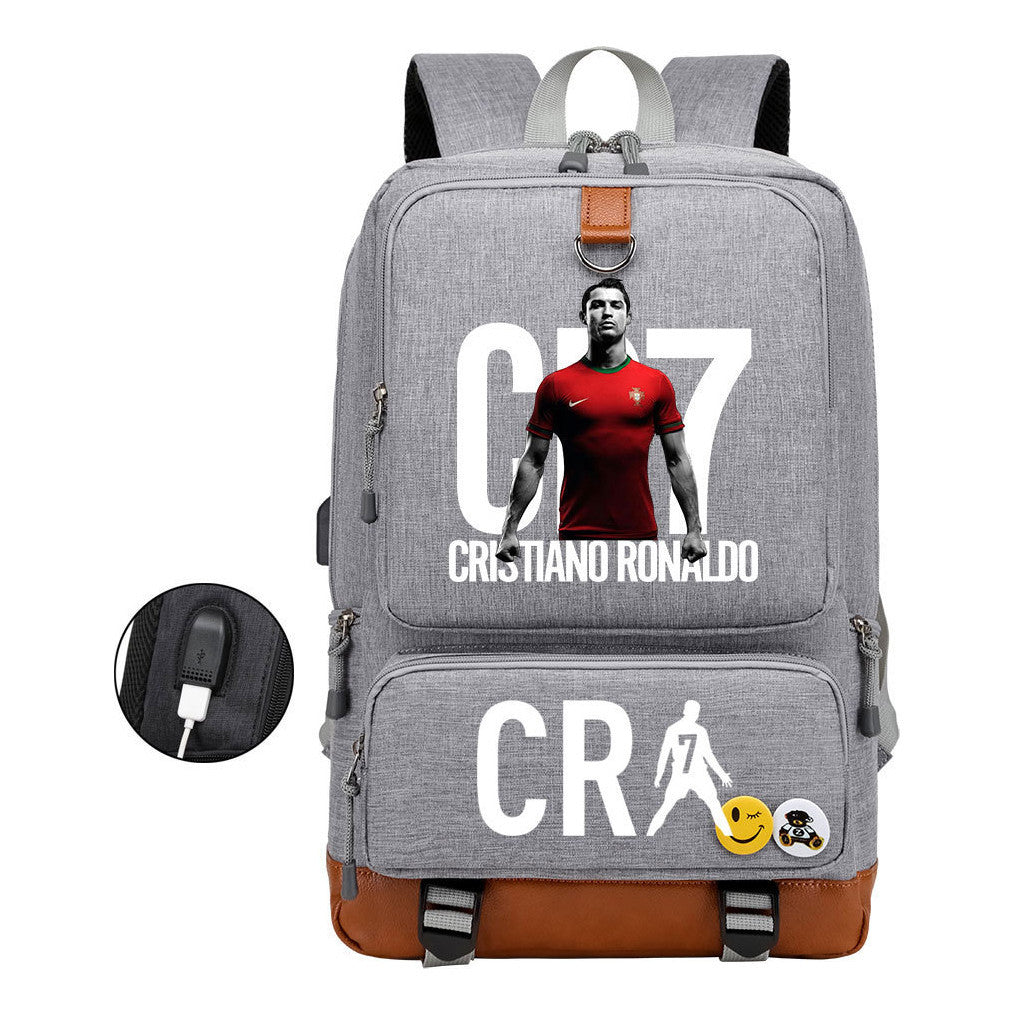 Football Star Cristiano Ronaldo Printed Usb Youth Primary And Secondary School Backpack For Boys And Girls Leisure Travel Backpack