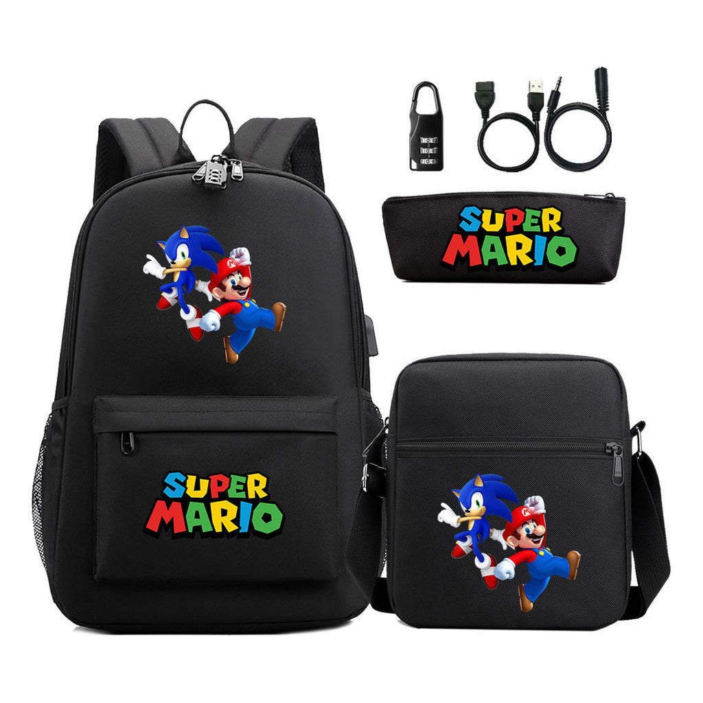 Super Mario Usb Password Lock Youth Student Backpack 3-piece Set For Men And Women Backpacks