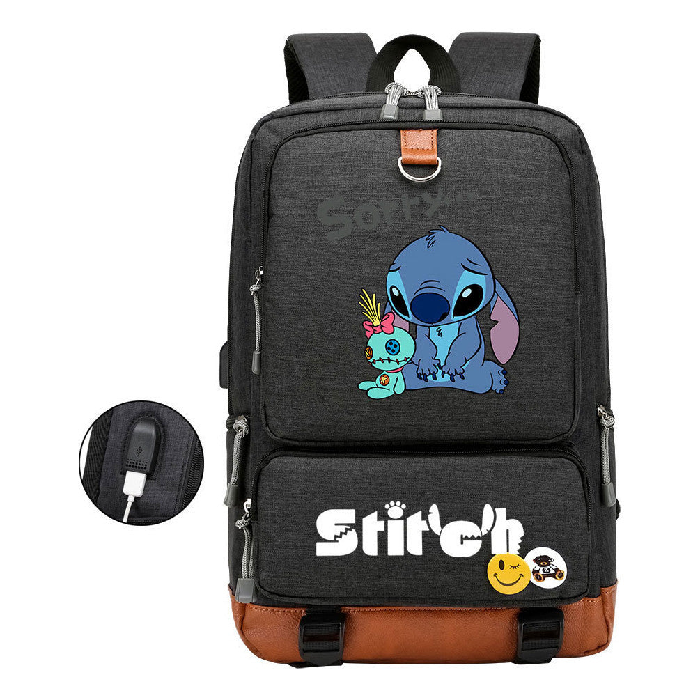 Anime Star Baby Stitch Printed Usb Youth Student Backpack For Men And Women's Leisure Travel Backpack