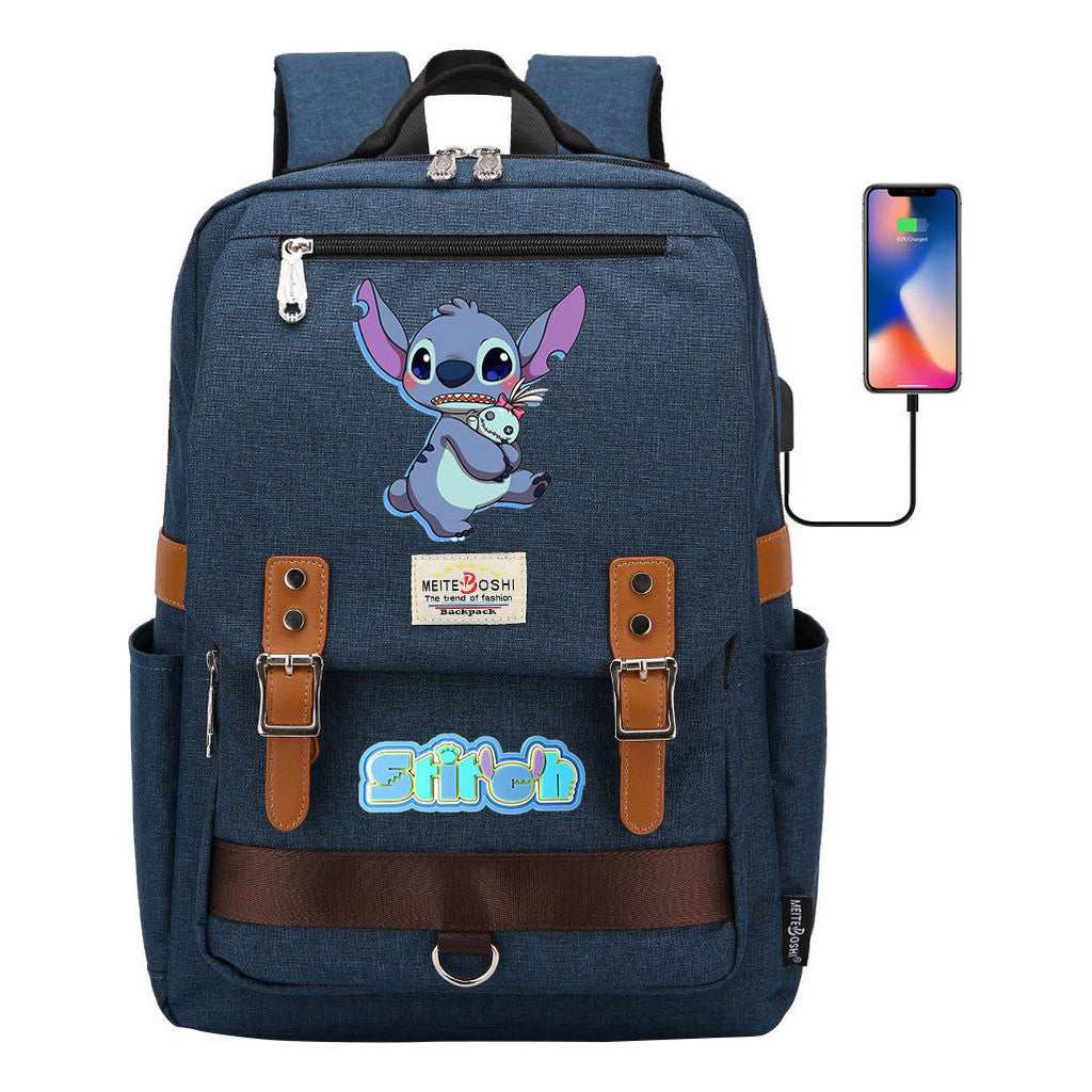 Anime Star Baby Stitch Printed Youth Student School Bag Casual Magnetic Buckle Backpack