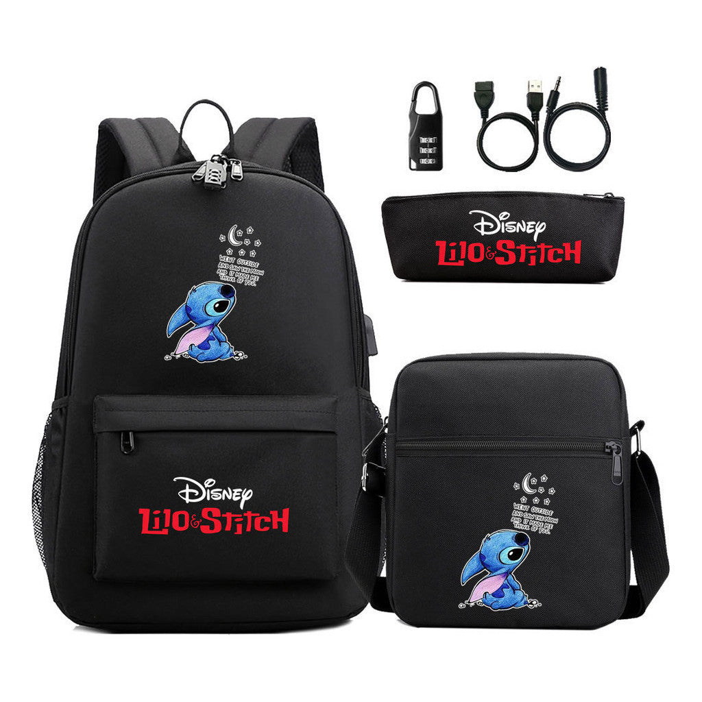 Interstellar Baby Stitch Usb Password Lock Youth Student Backpack 3-piece Set For Men And Women Backpacks