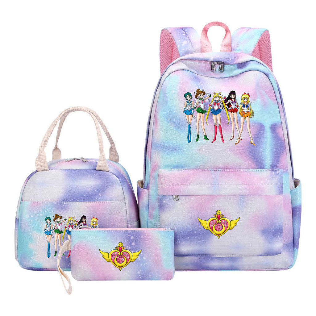 Anime Beauty Girl Warrior Student Girls School Bag Lunch Bag Three Piece Set Backpack Set