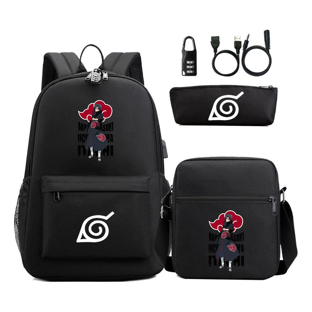 Naruto Usb Password Lock Youth Student Backpack Three Piece Set For Men And Women Backpack Set