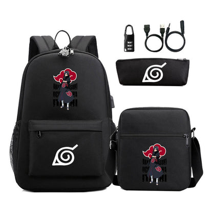 Naruto Usb Password Lock Youth Student Backpack Three Piece Set For Men And Women Backpack Set