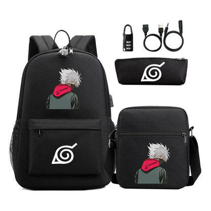 Naruto Usb Password Lock Backpack Three Piece Set For Men And Women Backpack Set