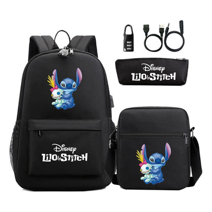 Interstellar Baby Stitch Usb Password Lock Youth Backpack 3-piece Set For Men And Women Backpacks