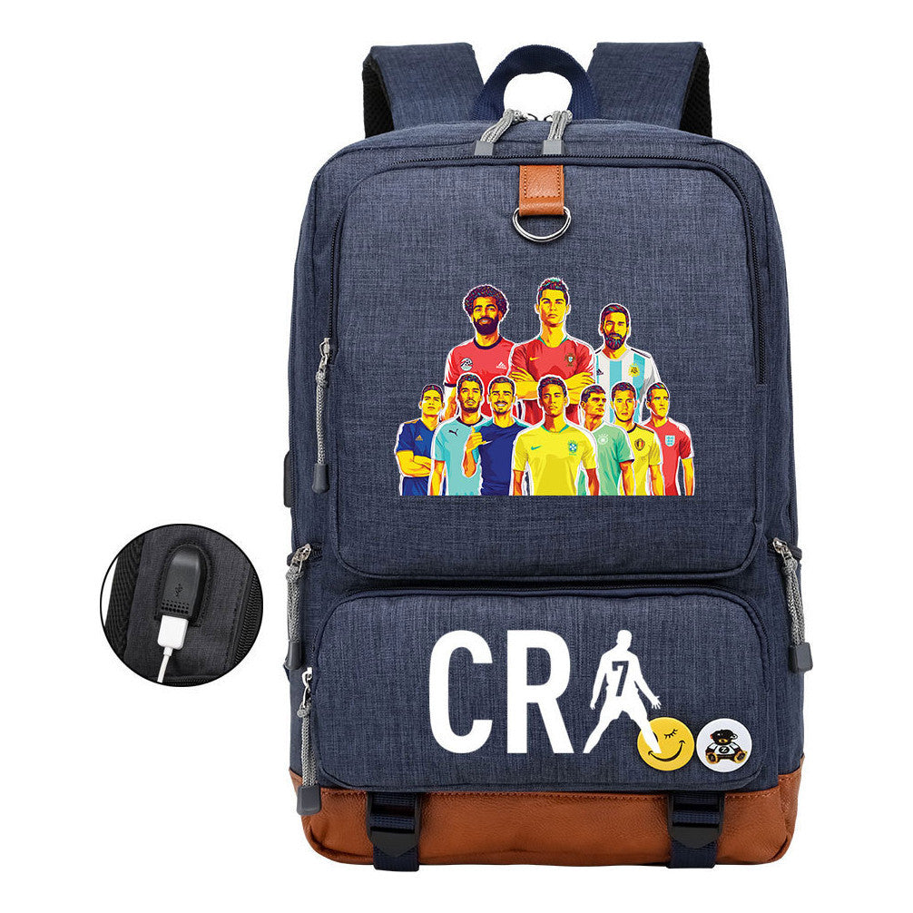 Football Star Cristiano Ronaldo Printed Usb Student Backpack For Leisure Travel Backpack