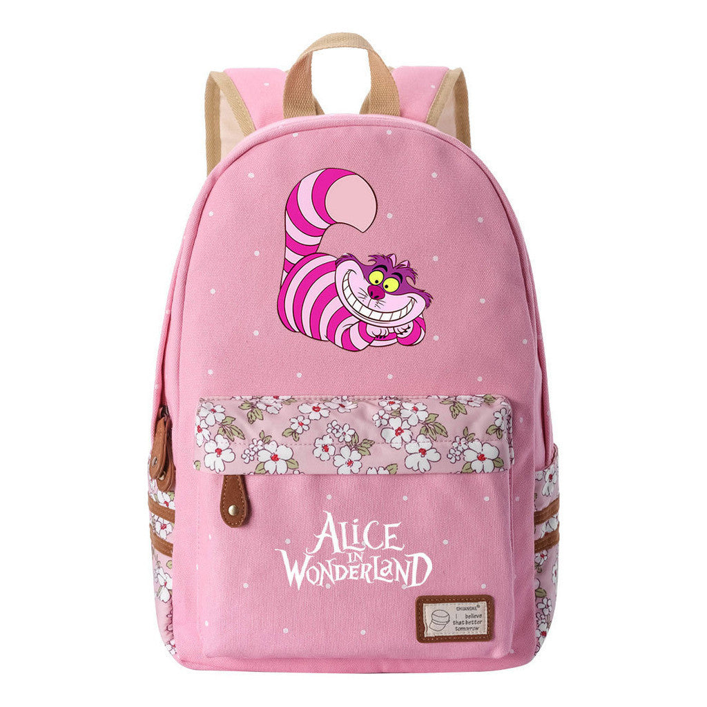 Anime Cartoon Cheshire Cat Print Student Backpack, Floral Casual Backpack