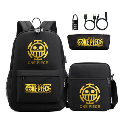 Golden Pirate King Usb Password Lock Youth Student Backpack Set Of Three Pieces, Men's And Women's Backpack Set