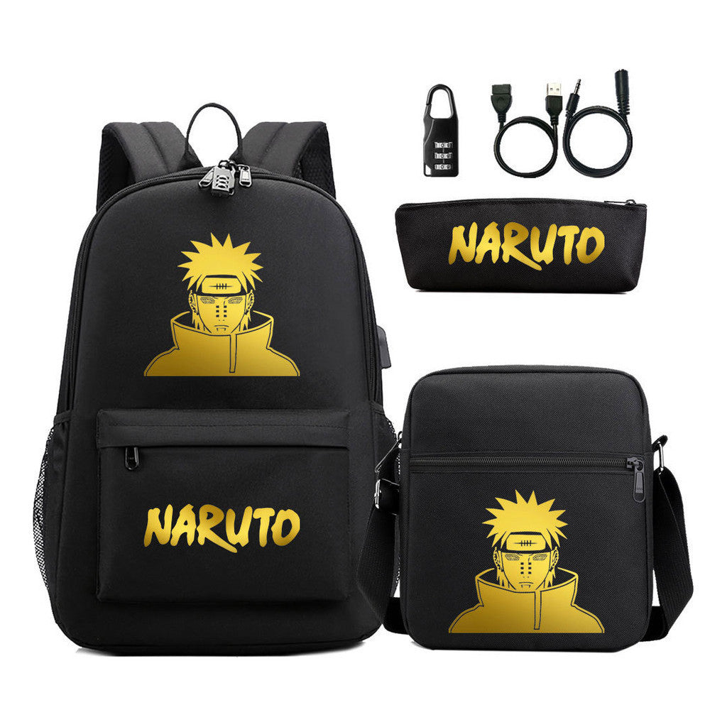 Golden Naruto Usb Password Lock Teenage Student School Bag Three Piece Backpack Set