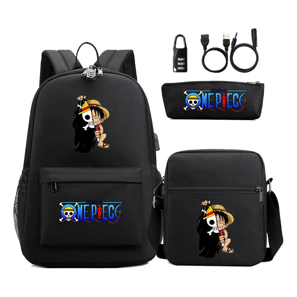 Cartoon Pirate King Usb Password Lock Youth Student Backpack Three Piece Set Backpack
