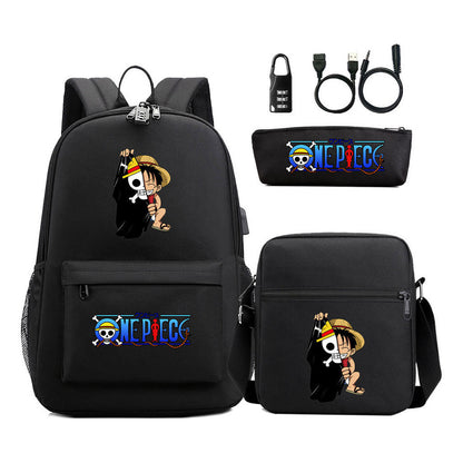 Cartoon Pirate King Usb Password Lock Youth Student Backpack Three Piece Set Backpack