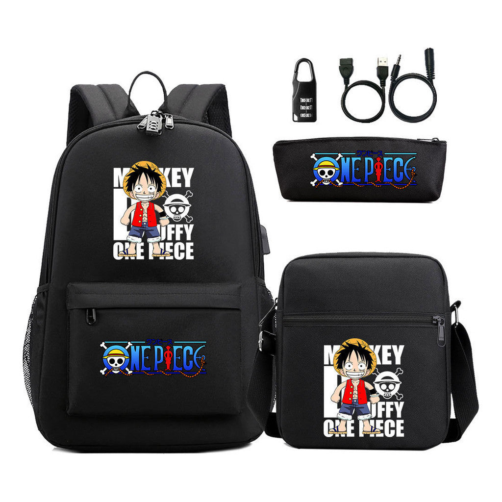 Cartoon Pirate King Usb Password Lock Youth Student Backpack Three Piece Set Backpack