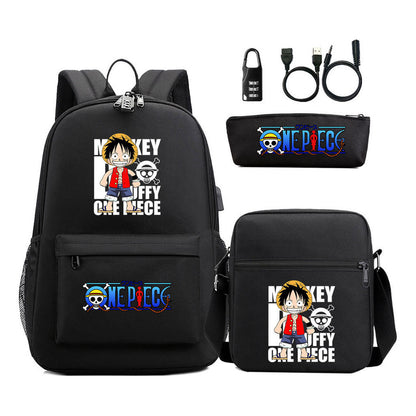 Cartoon Pirate King Usb Password Lock Youth Student Backpack Three Piece Set Backpack