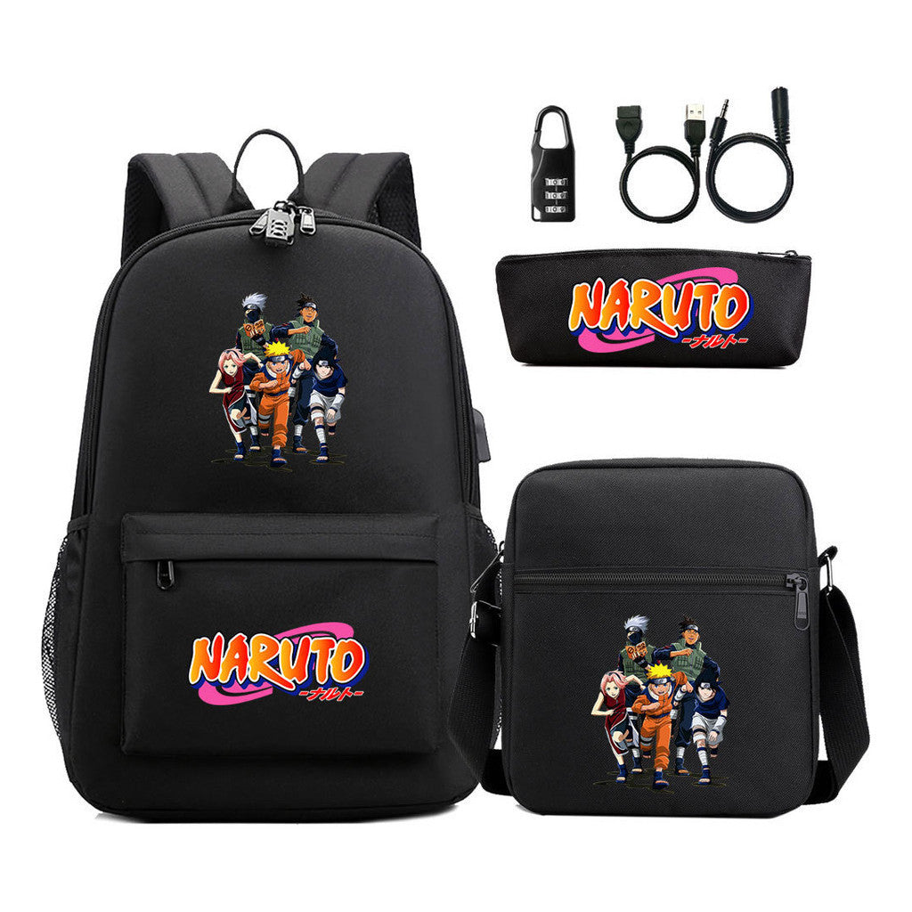 Naruto Usb Password Lock Youth Student Backpack Three Piece Set Backpack Set