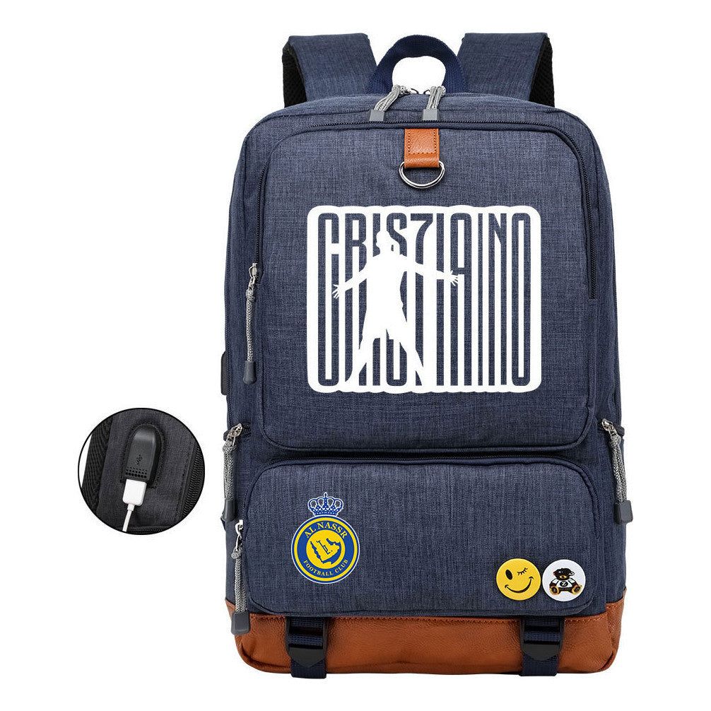 Football Star Cristiano Ronaldo Printed Usb Student Backpack Leisure Travel Backpack
