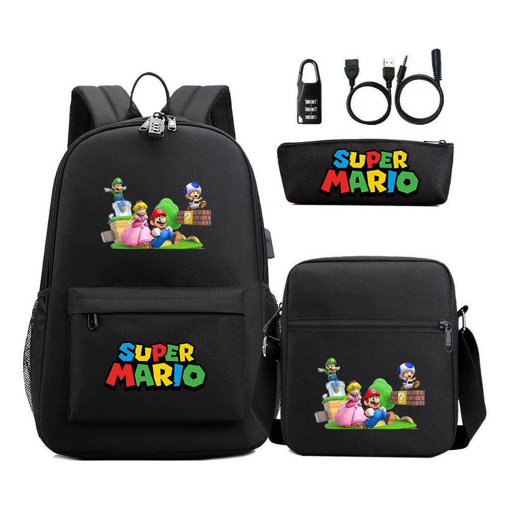 Super Mario Usb Password Lock Youth Student Backpack 3-piece Set For Men And Women Backpacks