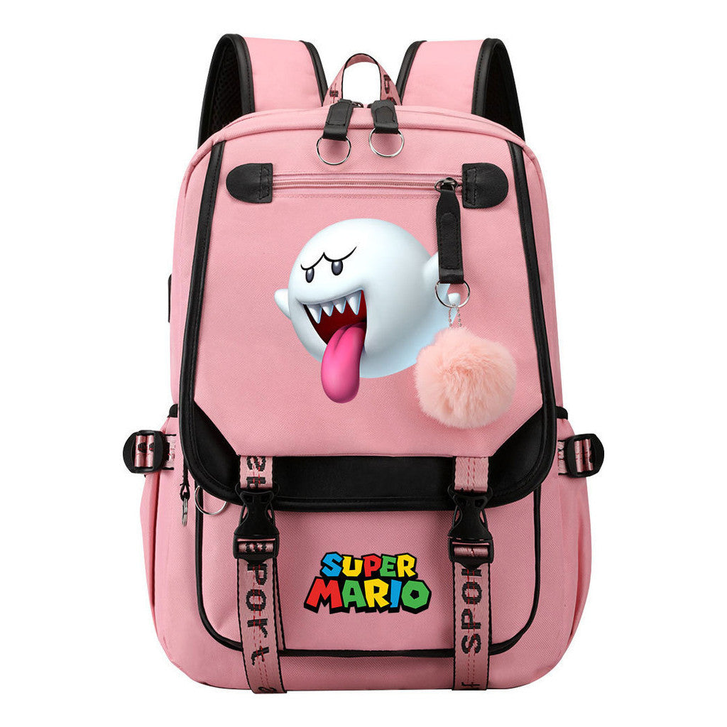 Super Mario Printed Usb Youth Student Backpack For Men And Women With Casual Woven Strap Flap Backpack