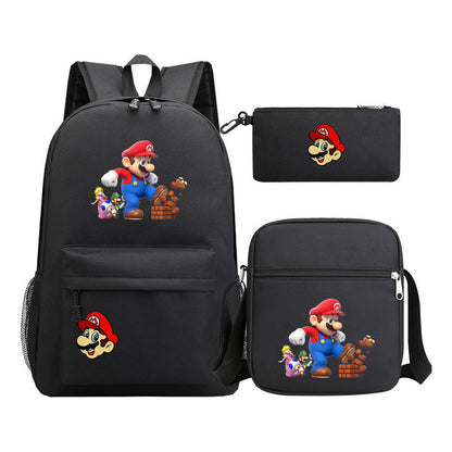 Super Mario Printed Student Backpack Three Piece Set For Men And Women's Backpack Set