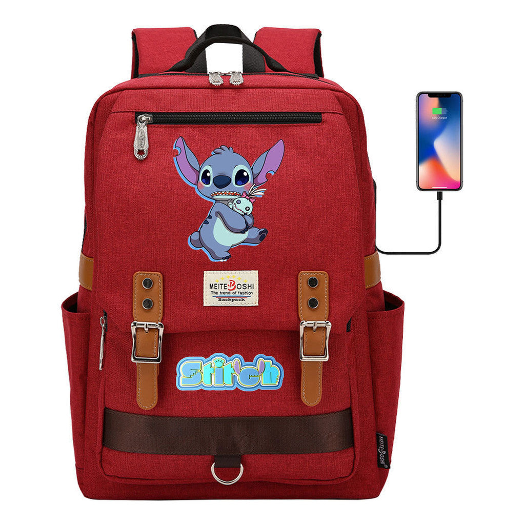 Anime Star Baby Stitch Printed Youth Student School Bag Casual Magnetic Buckle Backpack