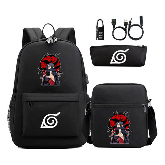 Naruto Usb Password Lock Youth Student Backpack Three Piece Set For Men And Women Backpack Set