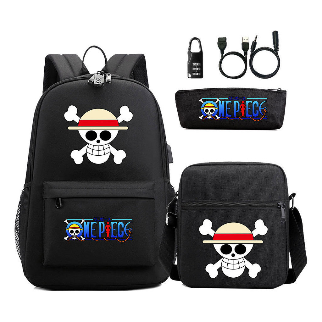 Cartoon Pirate King Usb Password Lock Youth Student Backpack Three Piece Set Backpack