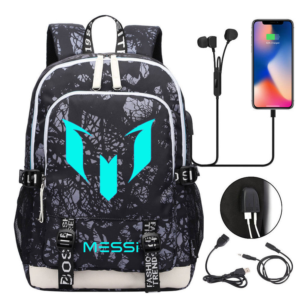 Blue Luminous Sports Football Star Teenagers Schoolbag Usb Leisure Backpack Men And Women
