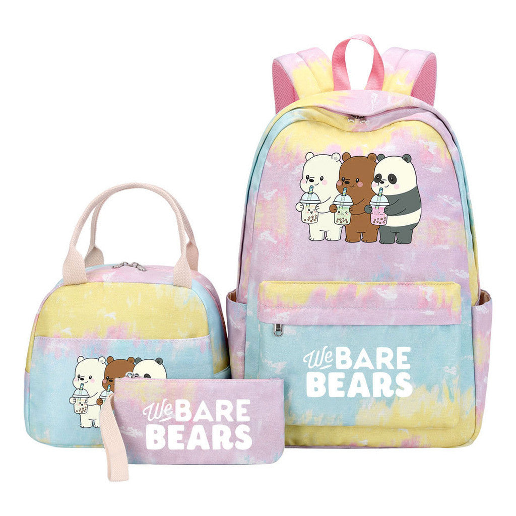 Cartoon Cute Three Bears Youth Student Girls School Bag Lunch Bag Three Piece Set Backpack Set