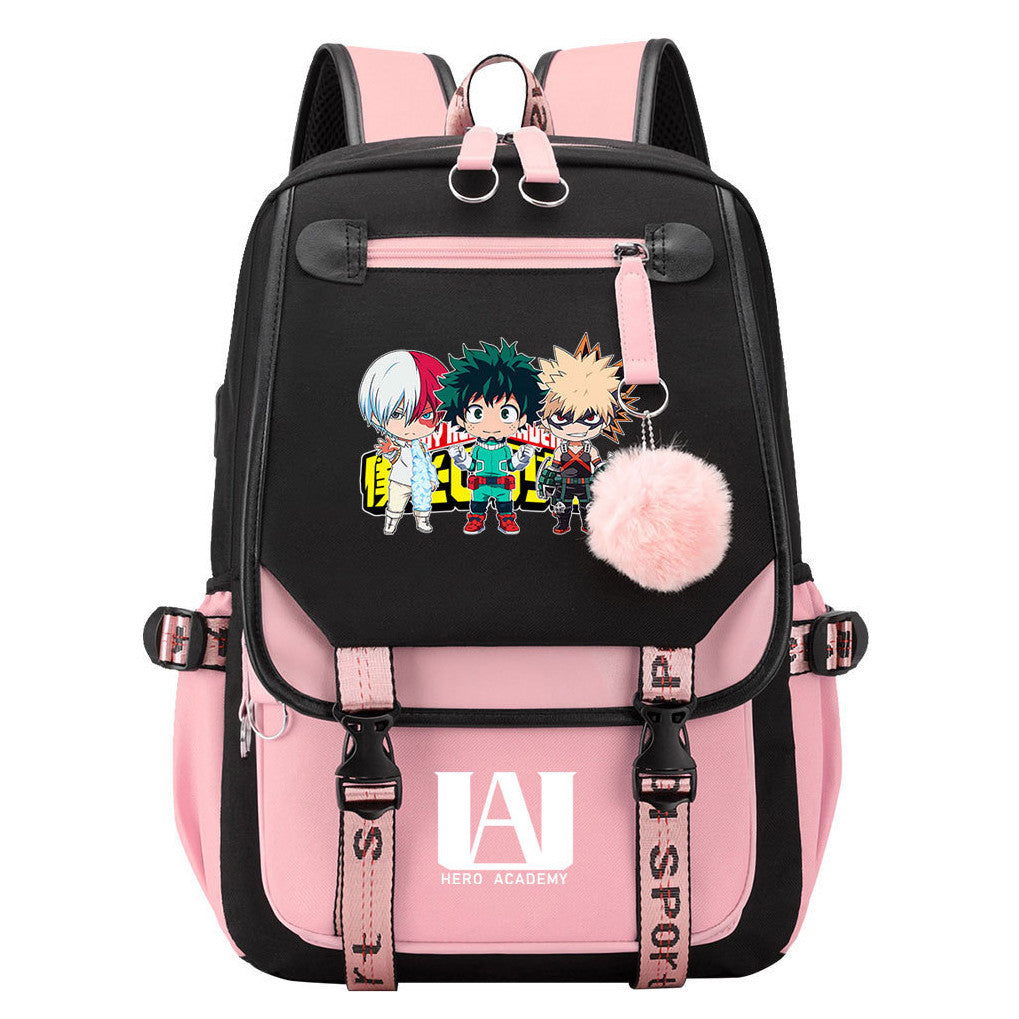 My Heroes Academy Usb Youth Student Backpack For Boys And Girls, Casual Woven Strap Flip Back Backpack
