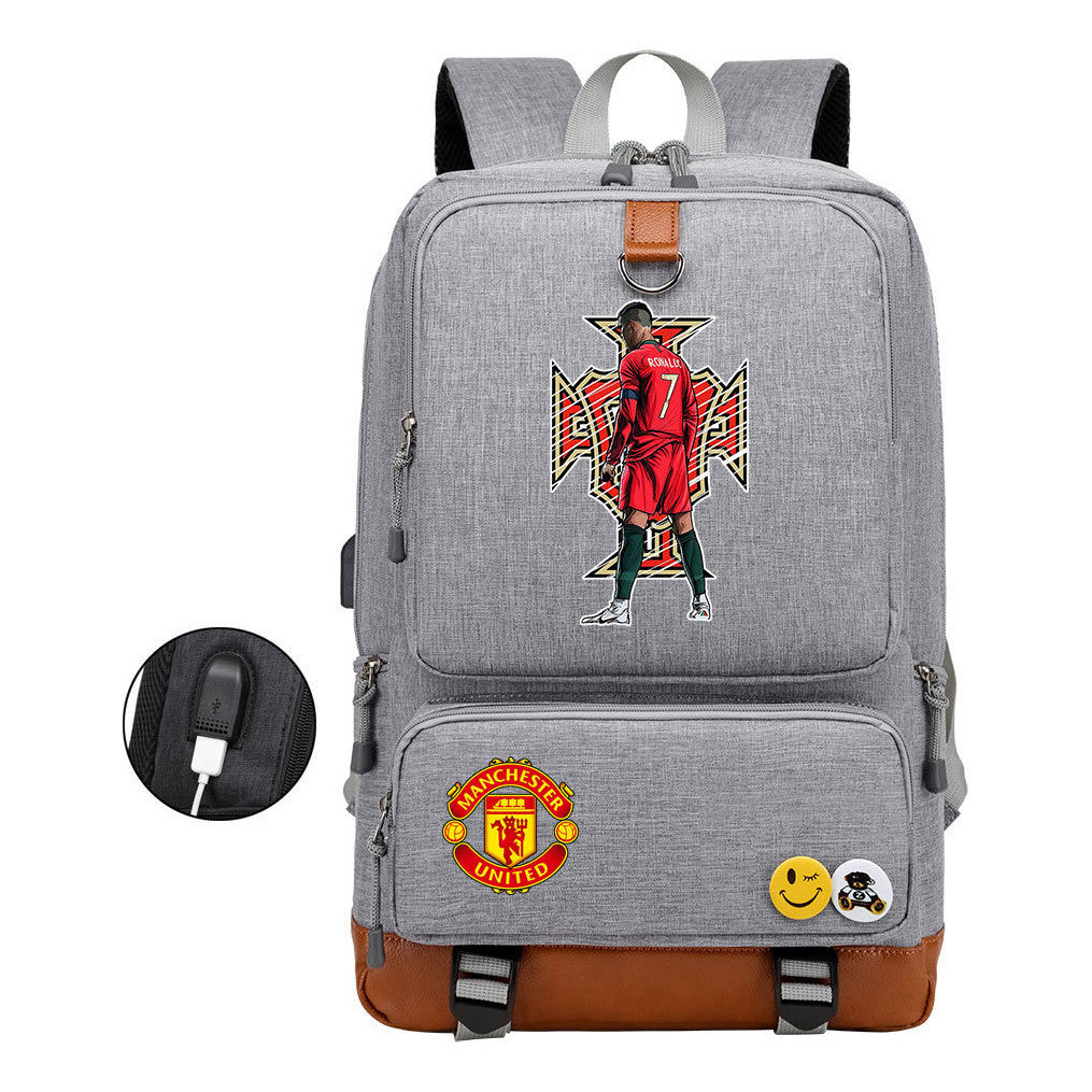 Football Star Cristiano Ronaldo Printed Usb Student Backpack For Leisure Travel Backpack