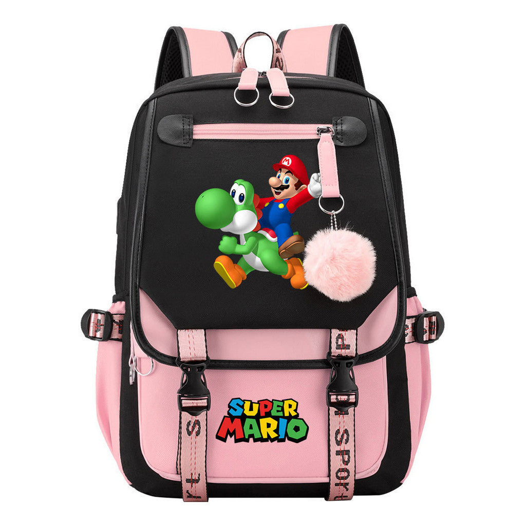 Super Mario Printed Usb Youth Student Backpack For Men And Women With Casual Woven Strap Flap Backpack